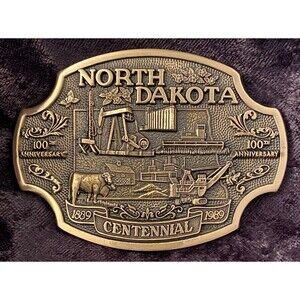 Vtg 80’s Brass Belt Buckle North Dakota Centennial Limited Edition # 3095